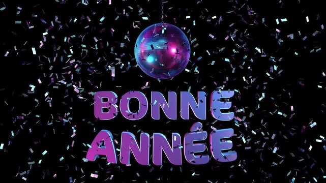 confettis argent&eacute;s volant vers le haut puis retombant lentement refl&eacute;tant des lumi&egrave;res roses et bleues - texte de bonne ann&eacute;e en fran&ccedil;ais et boule disco - 4K, 60FPS