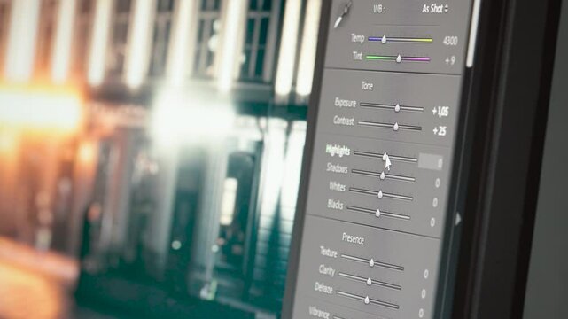 Photo editing. Basic adjustments with tone sliders. Screen close up