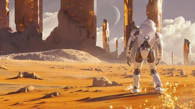 Robot Exploring a Desolate Alien Landscape
