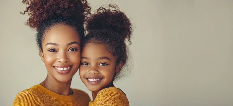 Joyful mother and daughter hug warmly, their bright smiles and loving expressions show their deep connection and affection for each other. motherly love. copy space, banner