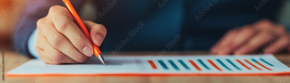 Poster hand holding a pencil while writing on a document with colorful charts and graphs in a professional 
