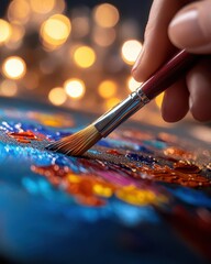 Fototapeta premium A close-up of a painter's hand using a brush to add vibrant colors to a canvas, with soft bokeh lights in the background.