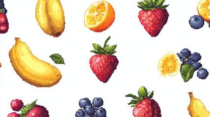 Fototapeta premium Pixel fruit icon set for games or mobile apps on color background, colorful pixel art with berries and exotic fruits, old style 8 bit icons,Retro pixel art food,vector collection,copy space.