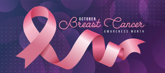 Breast cancer awareness month - Pink ribbon awareness sign on dark blue purple abstract circle and dot texture background vector design
