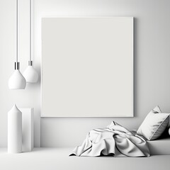 In a serene white room, there are soft linens including a blanket and pillows, along with decorative vases and a creative canvas adorning the wall