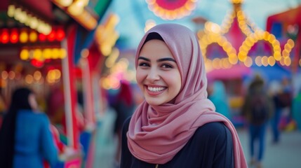 Obraz premium Smiling Woman in Hijab at a Funfair