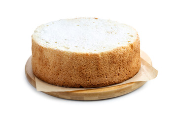One delicious sponge cake with powdered sugar isolated on white