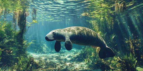 Fototapeta premium Man swimming in aquatic vegetation