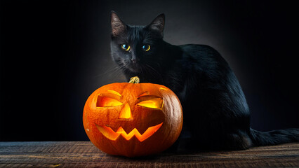 Black cat sitting against pumpkin background