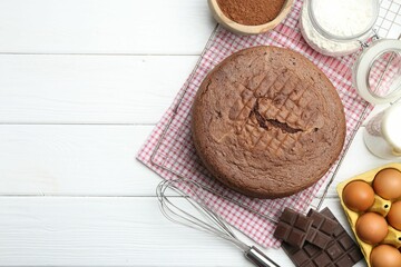 Tasty chocolate sponge cake, whisk and ingredients on white wooden table, flat lay. Space for text