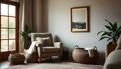 A cozy and inviting living room with a plush  armchair, a woven basket, and a framed artwork on the wall. The room has a warm and relaxing atmosphere with soft lighting and a view of the outdoors thro