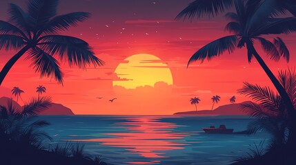 Sunset over a tropical island with palm trees and a boat on the water.