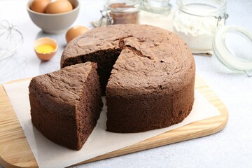 Cut chocolate sponge cake and ingredients on light table, closeup
