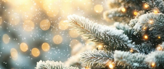 A beautiful snow-covered Christmas tree background with falling snowflakes and bokeh lights.