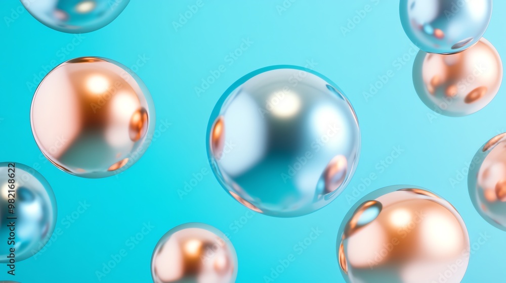 Poster abstract background with metallic spheres floating in mid-air.