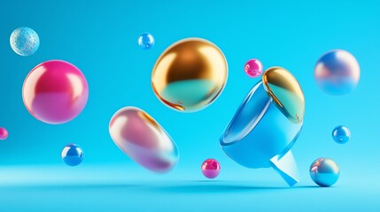 A 3D illustration of colorful orbs floating on a bright blue background.
