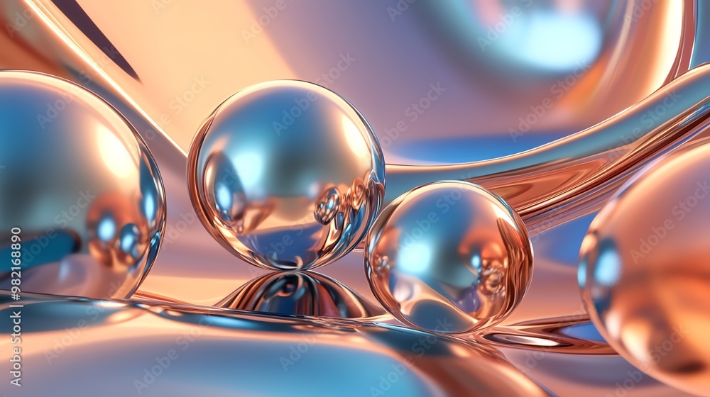 Poster abstract 3d rendering of shiny chrome spheres and curved surfaces.