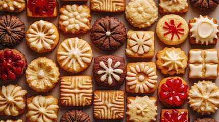 A colorful arrangement of assorted cookies showcasing various intricate designs and textures, perfect for festive celebrations.