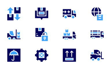 Logistics icon set. Bold style. Duotone colors. forklift, return box, consultation, truck, delivery, lift, security, keep dry, packaging, side up