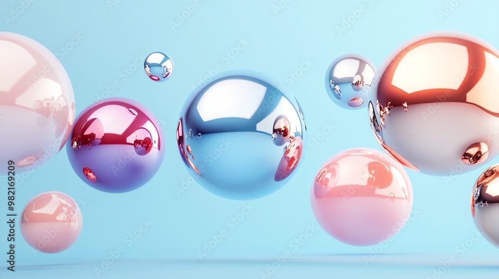 Poster abstract background of metallic orbs floating in a pastel blue space.