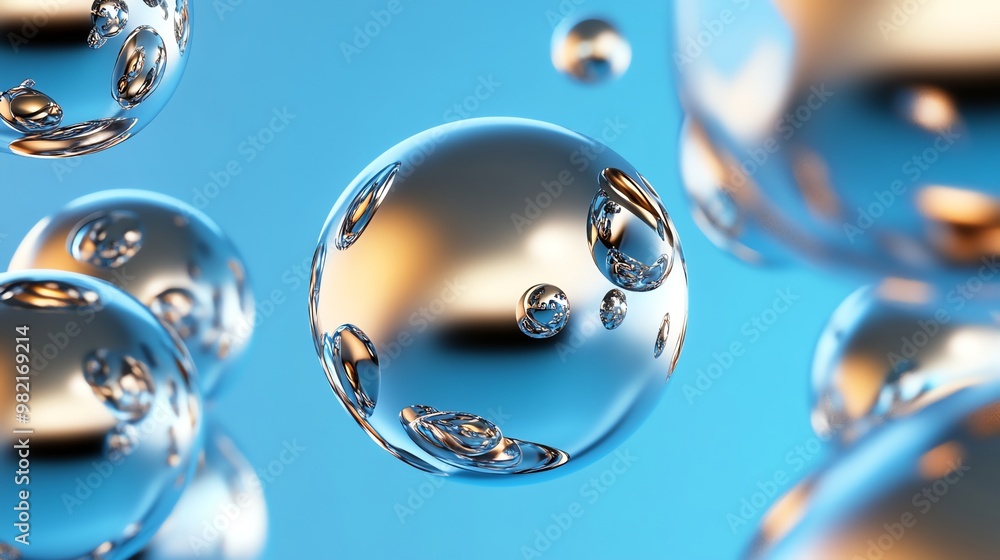 Poster a close up shot of a large, iridescent soap bubble with smaller bubbles around it.