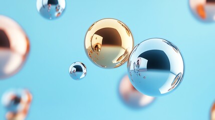 Abstract background with shiny metallic spheres floating against a blue backdrop.