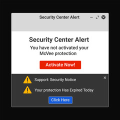 Security center alert. Activate desktop program. Digital notification popup for malware protection.