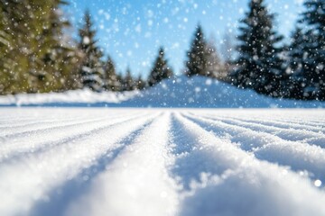 A beautiful winter background with snow and snowflakes falling from the sky.