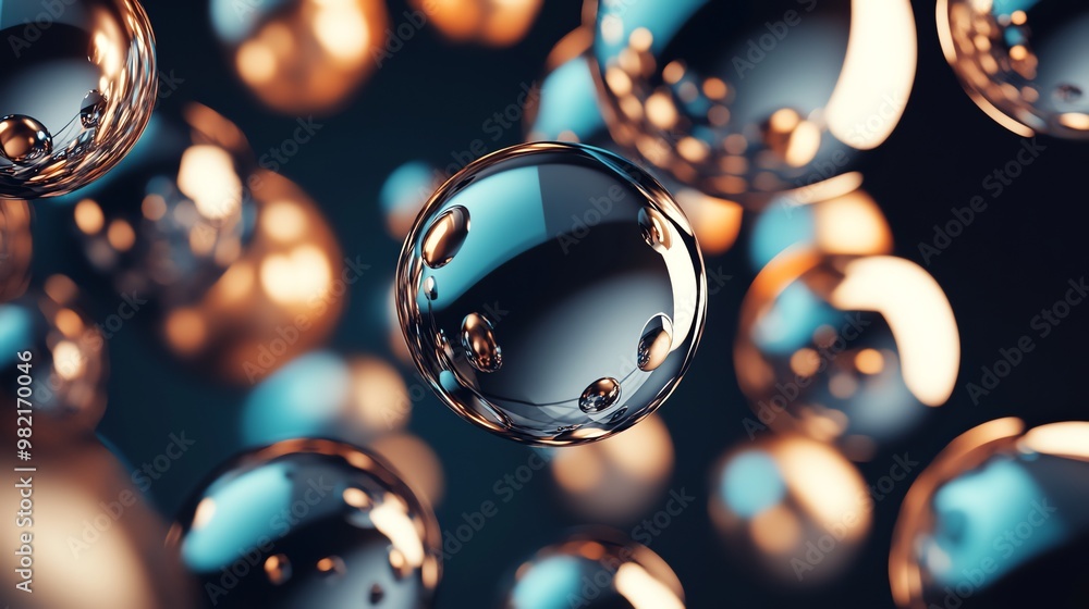 Poster abstract spheres of different colors and sizes floating against a dark background.