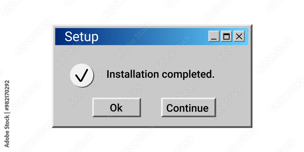 Poster old setup window wit blue color. installation completed message. retro installer program.