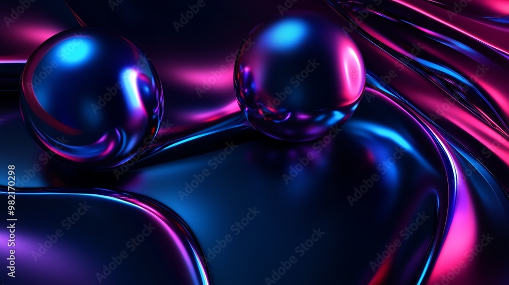 Poster abstract 3d rendering of shiny iridescent spheres on a wavy surface.