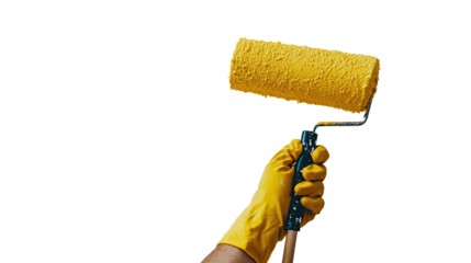hand holding a roller with yellow paint on a transparent background