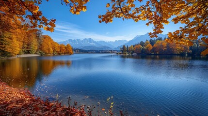 autumn national park background with lake