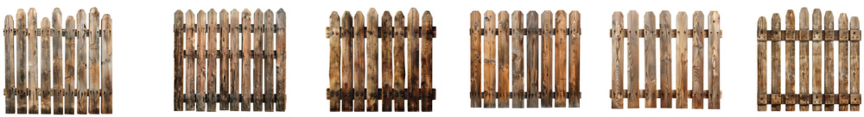 A rustic collection of weathered wooden fences in sunlight Transparent Background.