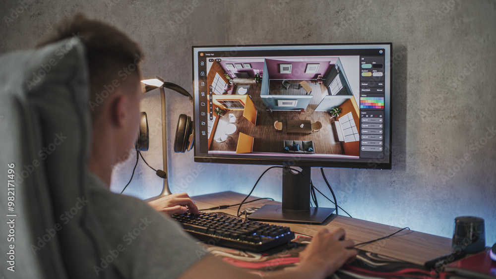 Fototapete Young 3D designer creates and develops stylish house interior using PC and professional 3D modeling software or design app. Caucasian teenager works remotely on freelance project on computer at home.