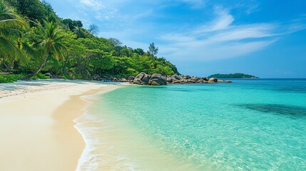 Fototapeta premium Beautiful tropical beach with white sand, turquoise water, palm trees, and blue sky.