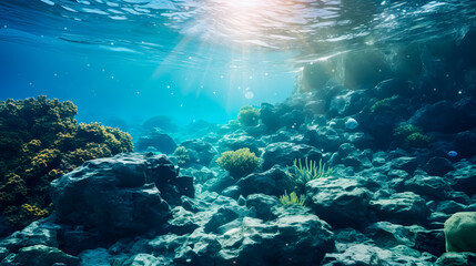 Fototapeta premium underwater coral reef landscape in the deep blue ocean with colorful fish and marine life background wallpaper 