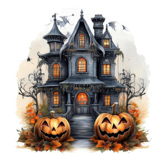 Halloween Pumpkin, Pumpkin kid with haunted house, watercolor illustration, Halloween decorations