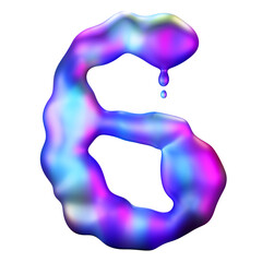 Holographic liquid number 6 on transparent background. Dynamic fluid, iridescent futuristic surface. Numeral six. Flowing shape. Cutout design element. Sixth birthday, anniversary. Y2k style. 3D.