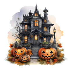 Halloween Pumpkin, Pumpkin kid with haunted house, watercolor illustration, Halloween decorations