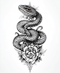 Obraz premium A detailed illustration of a snake entwined around a flower, showcasing intricate line work.