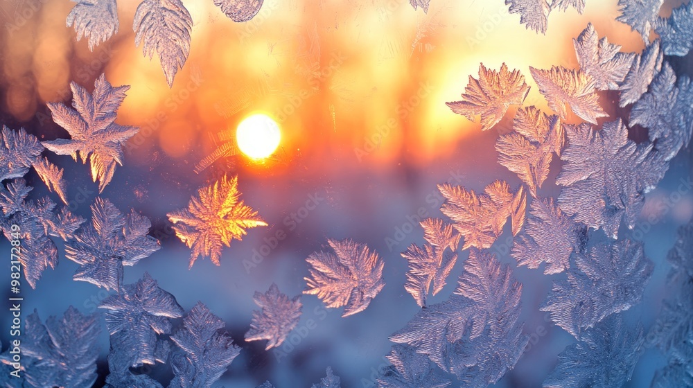 Poster intricate frost patterns on windowpane with sunset glow
