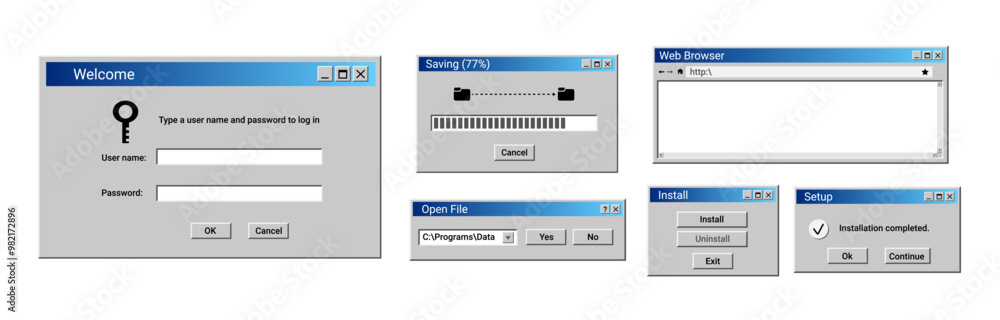 Poster Old user interface windows. Retro loading window. Open file panel in blue. Retro browser page.