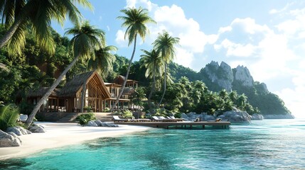 Obraz premium Luxury tropical beach resort with a wooden dock.