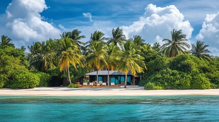 Obraz premium A tropical beach with crystal clear water, white sand and a beautiful wooden bungalow surrounded by palm trees.
