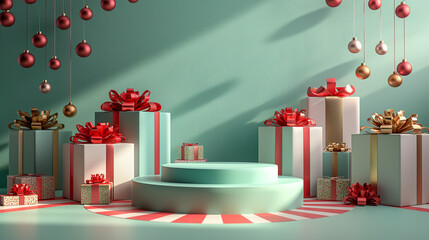 Festive Green and Red Christmas Display with Wreath and Gifts