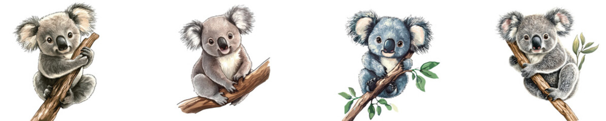Obraz premium Four playful koalas perched on branches in a serene setting Transparent Background.