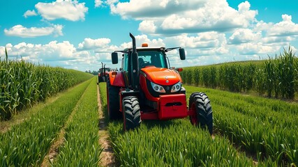 Obraz premium A sturdy, red tractor plows through a lush, green field, surrounded by tall rows of crops and rustic