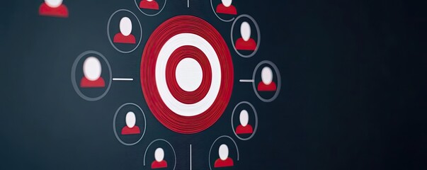 A digital screen displaying a target symbol with diverse customer icons surrounding it, representing precise customer targeting strategies