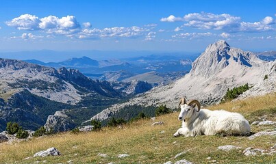 A white mountain goat rests on a grassy slope overlooking a vast mountain range with blue skies and fluffy white clouds.